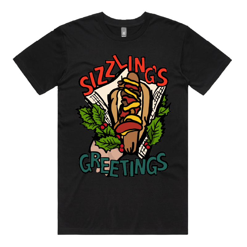 S / Black / Large Front Design Sizzlin's Greetings 🌭🎅 - Men's T Shirt