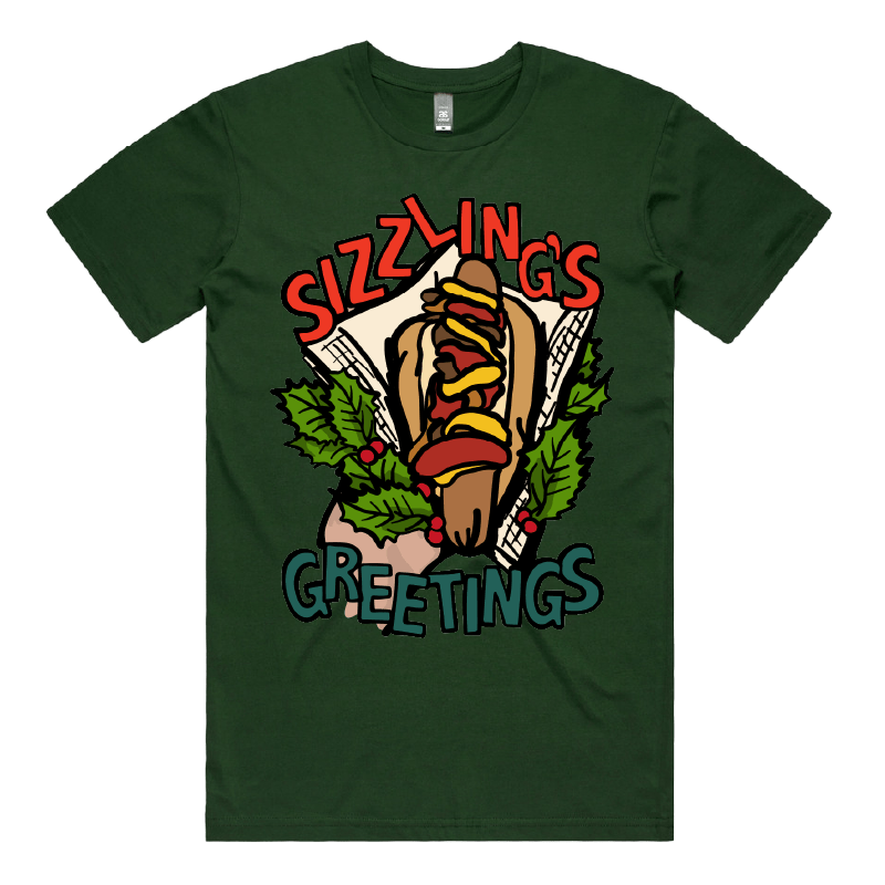 S / Green / Large Front Design Sizzlin's Greetings 🌭🎅 - Men's T Shirt