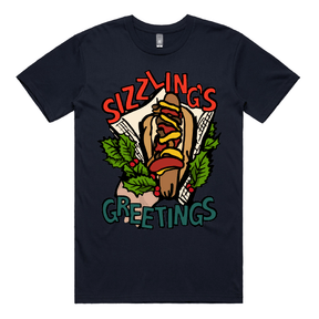 S / Navy / Large Front Design Sizzlin's Greetings 🌭🎅 - Men's T Shirt