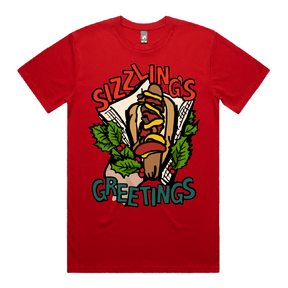 S / Red / Large Front Design Sizzlin's Greetings 🌭🎅 - Men's T Shirt