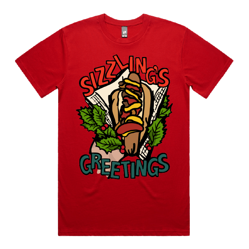 S / Red / Large Front Design Sizzlin's Greetings 🌭🎅 - Men's T Shirt