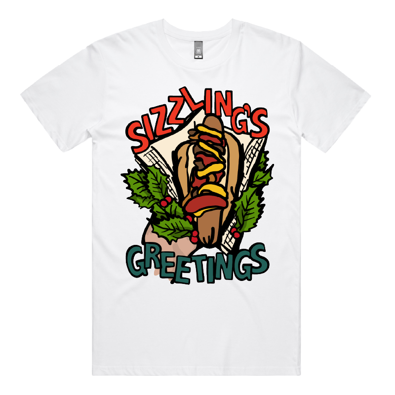 S / White / Large Front Design Sizzlin's Greetings 🌭🎅 - Men's T Shirt