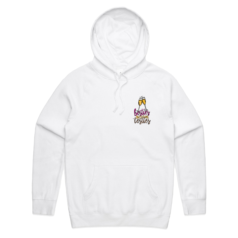 S / White / Small Front Print Besties Before Testies 👭🥰 – Unisex Hoodie