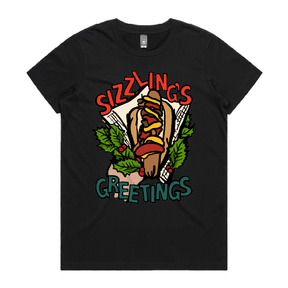 XS / Black / Large Front Design Sizzlin's Greetings 🌭🎅 - Women's T Shirt