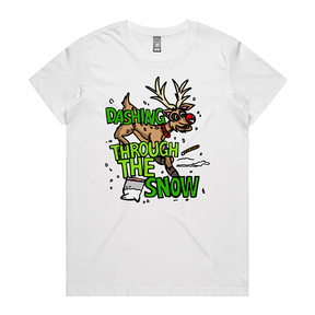 XS / White / Large Front Design Dashing Through The Snow ❄️🦌 - Women's T Shirt