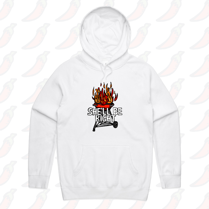 S / White / Large Front Print She’ll Be Right BBQ 🤷🔥 – Unisex Hoodie