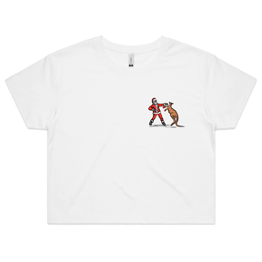 S / White Santa Boxing Roo 🎅🥊🦘 – Women's Crop Top