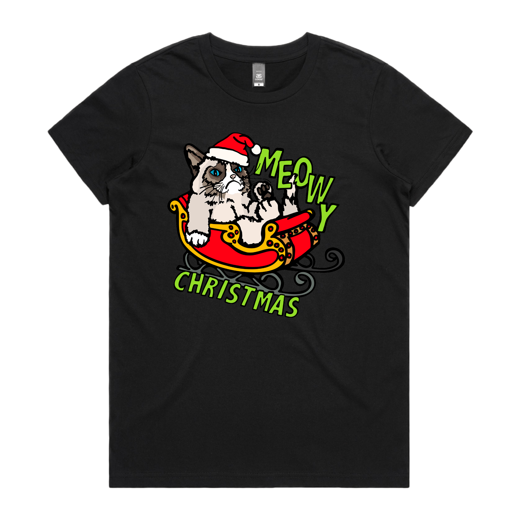 XS / Black / Large Front Design Meowy Christmas 😾🎄 – Women's T Shirt